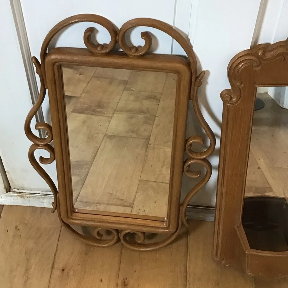 Vintage Homco Syroco Faux Wood Rattan Wall Mirrors Set Pocket Planter Shelf 1981